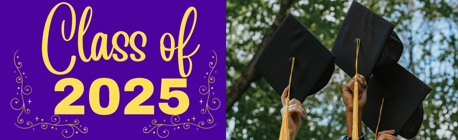 Graduating Class of 2025 Banner with hands holding graduation caps